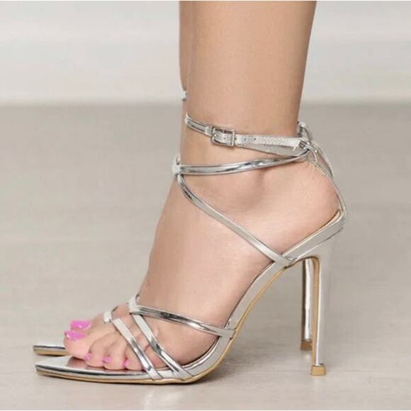 NWOT Olivia Ferguson Silver Strappy Heels Sz. 11 - Picture 1 of 6